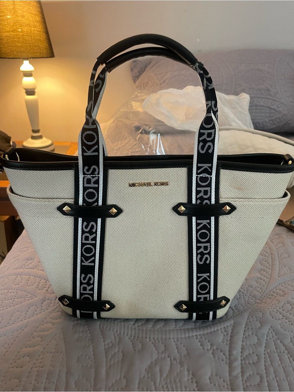 Michael Kors Cream Canvas Tote with Black Logo Straps